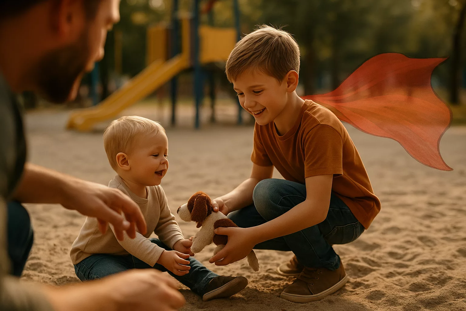 мальчик помогает малышу на детской площадке