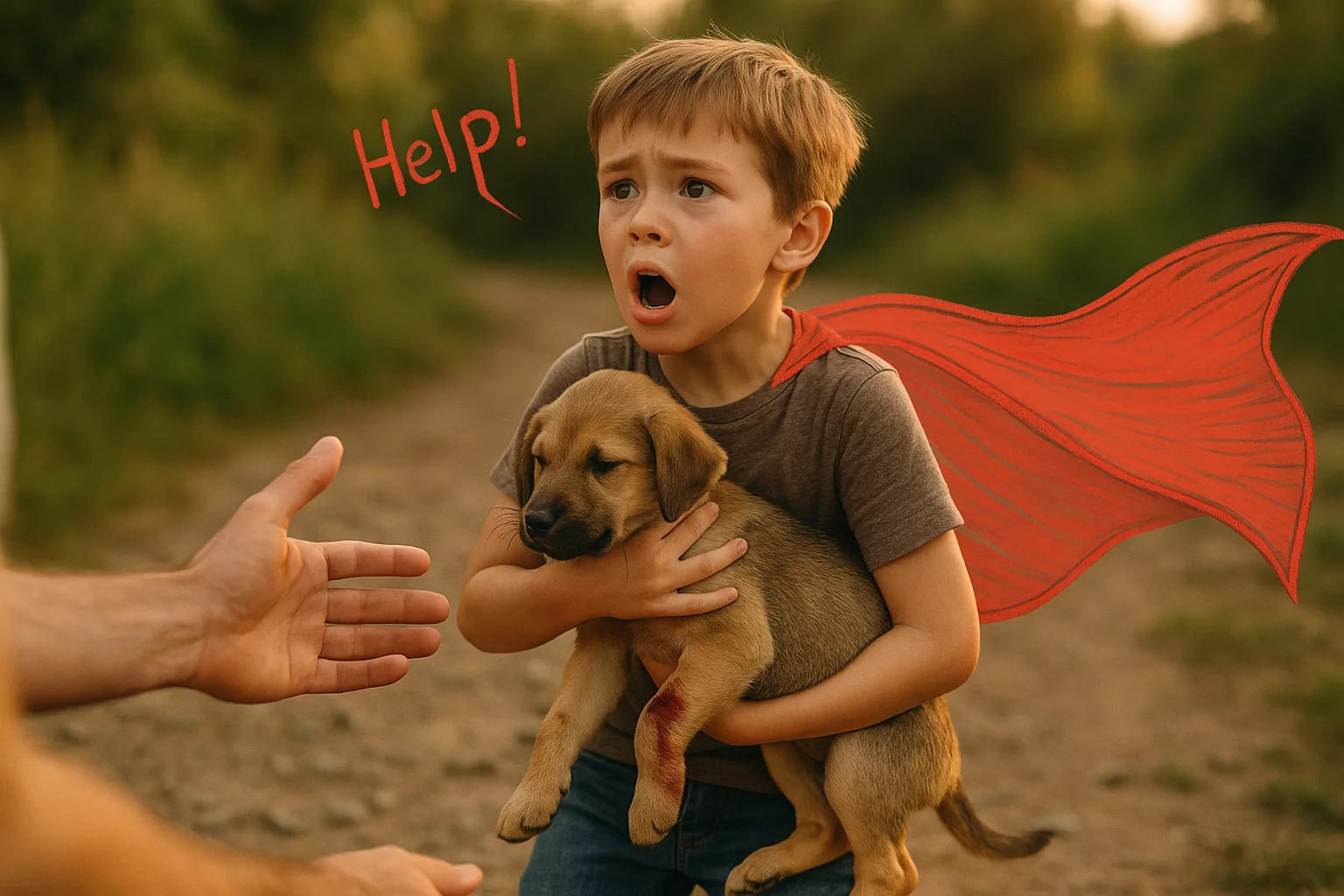 мальчик прижимает щенка и зовёт на помощь