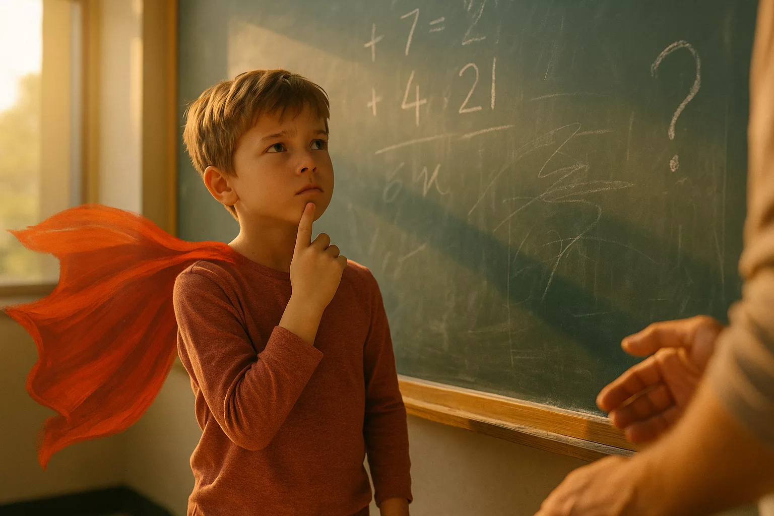 мальчик задумчиво смотрит на школьную доску